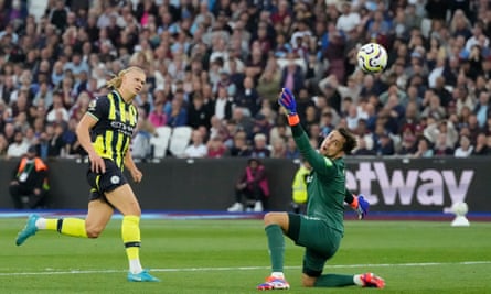Erling Haaland scores Manchester City’s third goal against West Ham.