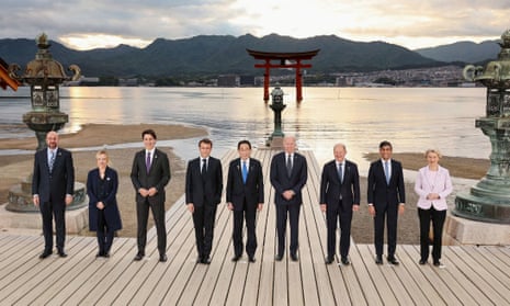 (From left) The president of the European Council, Charles Michel, the prime minister of Italy, Giorgia Meloni, the prime minister of Canada, Justin Trudeau, the president of France, Emmanuel Macron, the prime minister of Japan, Fumio Kishida, US president Joe Biden, German chancellor Olaf Scholz, British prime minister Rishi Sunak and president of the European Commission, Ursula von der Leyen attended a photo session at Itsukushima shrine during the G7 leaders summit in Hiroshima, western Japan.