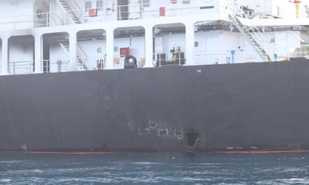 A hole blasted in the side of the Kokuka Courageous