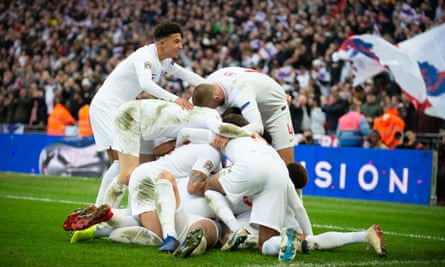 Players celebrate after scoring during Nations League match against Croatia at Wembley, won 2-1