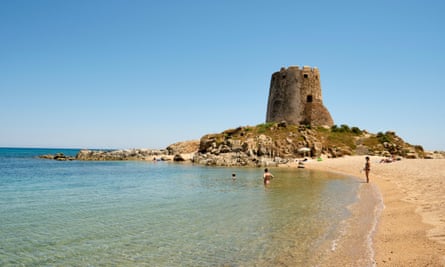 Torre di Bari watchtower and beach near Barisardo Ogliastra Sardinia Italy.