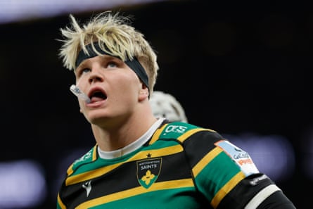 Henry Pollock of Northampton Saints chews on his mouthguard