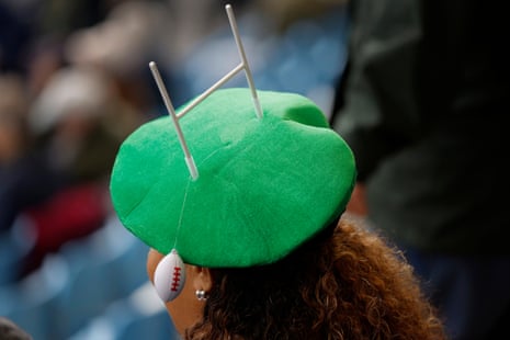 A fan wears a beret with rugby posts during the Women’s Rugby World Cup 2025 Group C match between France and Brazil.
