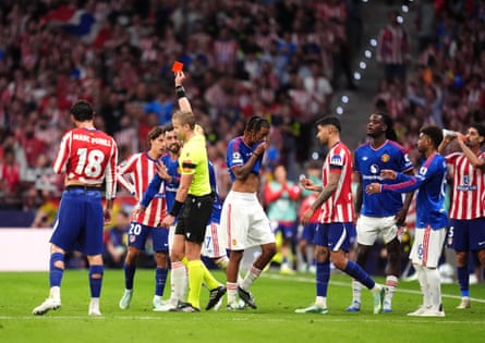 Leny Yoro trudges off after being shown a red card