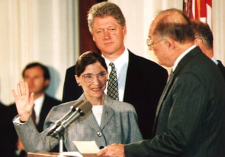 Supreme court chief justice William Rehnquist administers the oath of office to newly-appointed justice Ruth Bader Ginsburg on 10 August 1993.
