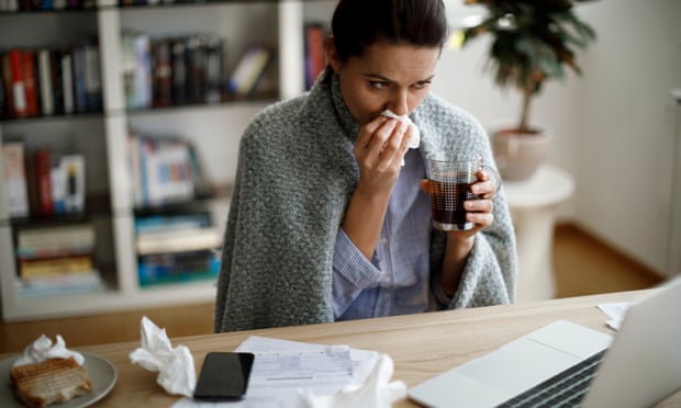 Ill woman working from home office