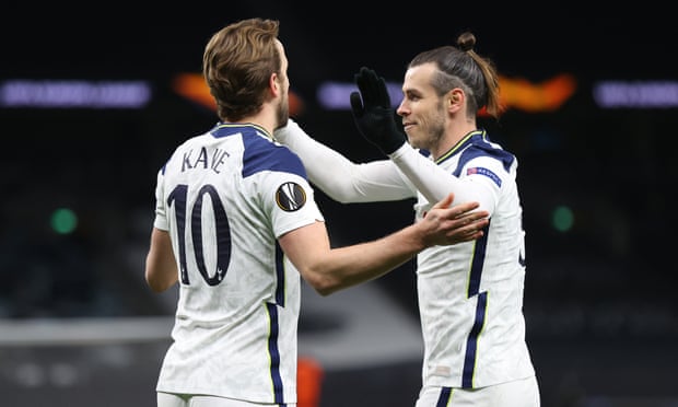 Harry Kane celebrates with Gareth Bale after scoring Tottenham’s second goal in their Europa League last-16 first leg victory over Dinamo Zagreb on Thursday