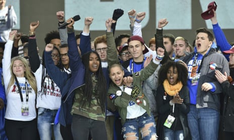 Students rally onstage for gun control at March for Our Lives on 24 March in Washington DC. 