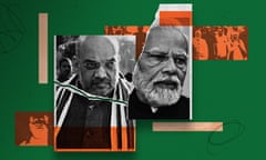 Graphic collage illustration featuring India’s minister of home affairs, Amit Shah, and the prime minister, Narendra Modi.
