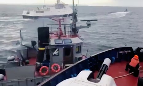 A screengrab from a video apparently showing the confrontation between Russian and Ukrainian vessels.