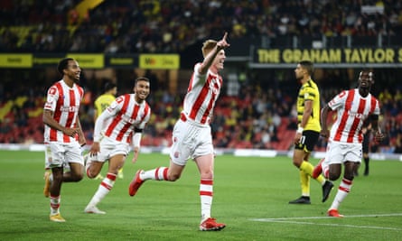 Sam Clucas celebrates after scoring Stoke’s second goal at Vicarage Road.