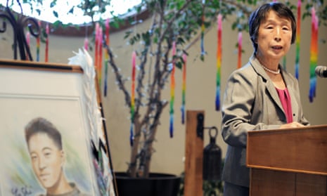Mieko Hattori speaks during a meeting on gun control at a church in Baton Rouge, Louisiana, on 20 October 2012. Her son Yoshi Hattori, a Japanese high school exchange student, was shot dead in Baton Rouge in 1992.