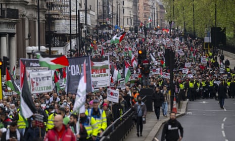 Thousands march to Hyde Park during a demonstration in solidarity with Palestinians in London on Saturday.