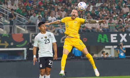 Harry Souttar the hero and villain as Socceroos let two-goal lead slip in draw with Mexico 6 Australia’s midfielder Aiden O’Neill jumps for a header while Mexico’s defender Jesús Gallardo looks on in the international friendly in Texas.
