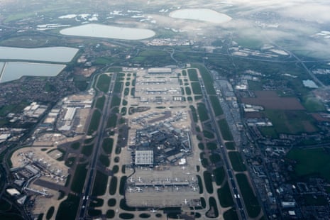 Heathrow Airport is seen from an airplane, Oct. 6, 2025, in London.
