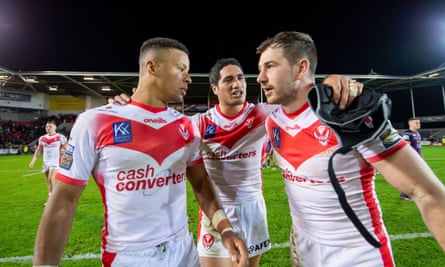 St Helens’s Regan Grace, Sione Mata’utia & Mark Percival celebrate after beating Leeds to reach the Grand Final