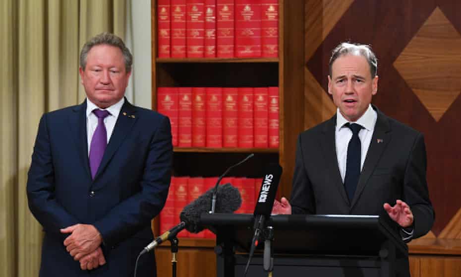 Andrew Forrest at a media conference with Australia’s health minister Greg Hunt