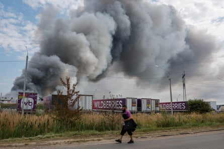 Smoke rises during a fire at a Wildberries logistics complex