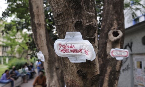 A protest written on a sanitary napkin found in Kolkata, India, reading ‘menstruation is not an illness’.