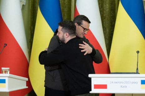 Volodymyr Zelenskiy and Mateusz Morawiecki at a joint press conference following their talks in Kyiv.
