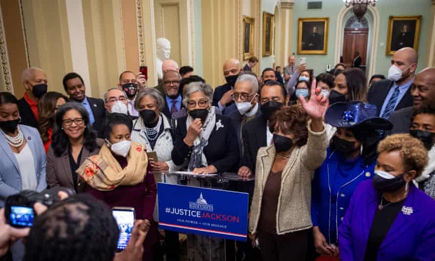 Black Caucus President Joyce Beatty with members outside the Senate room.