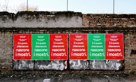 Gramsci’s words on posters in Rome, 2018, by Alfredo Jaar.