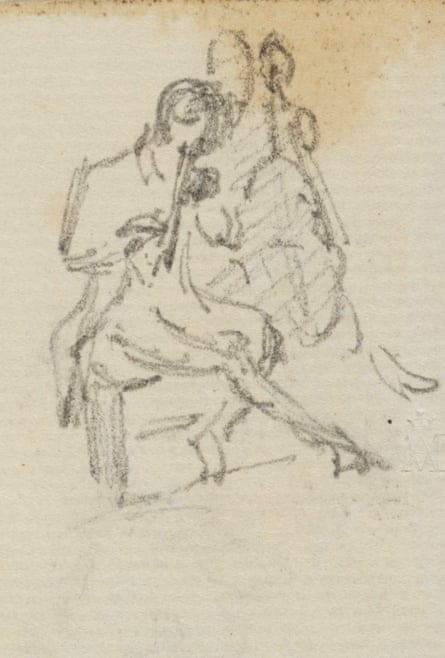 Sketch of someone sitting while playing a pipe, with a person playing a cello in the background