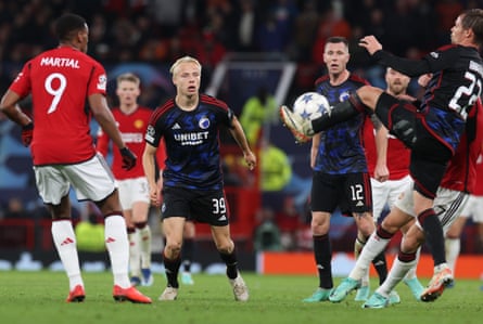 Oscar Højlund (No 39) came on as a late substitute for Copenhagen at Old Trafford, but only after his elder brother had gone off.