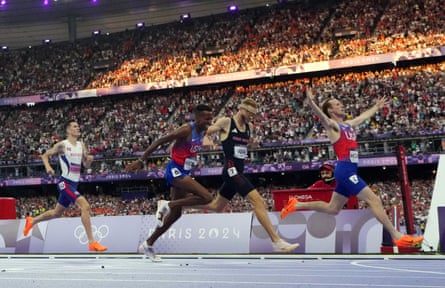 Jakob Ingebrigtsen finishing fourth in the 1500m final behind Yared Nuguse, Josh Kerr and Cole Hocker in the Paris Olympics in 2024.