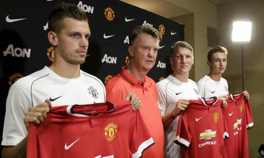 Louis van Gaal with three new signings in 2015: Morgan Schneiderlin, Bastian Schweinsteiger and Matteo Darmian