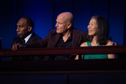 The actor Woody Harrelson at the ceremony, flanked by his wife, Laura Louie, and the TV personality Stephen A Smith.