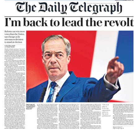 Farage on the front of the Daily Telegraph under the headline 'I'm back to lead the revolt'