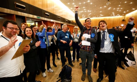 Conservative party supporters in high spirits after the count at Wandsworth.