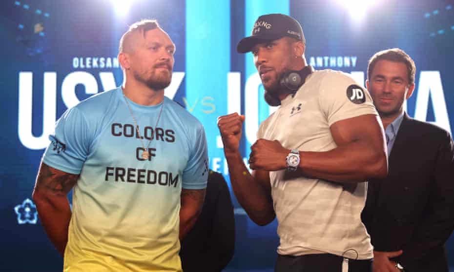 Oleksanr Usyk and Anthony Joshua at a London press conference.