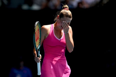 Marta Kostyuk reacts after the first set.