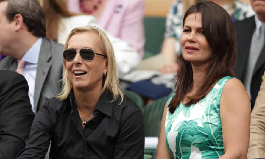 With her wife, Julia Lemigova, at Wimbledon in 2016.