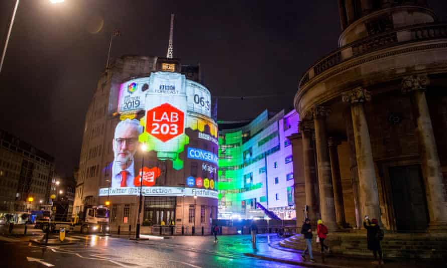 The exit poll is projected on to the side of the BBC’s Broadcasting House building in London on election night.