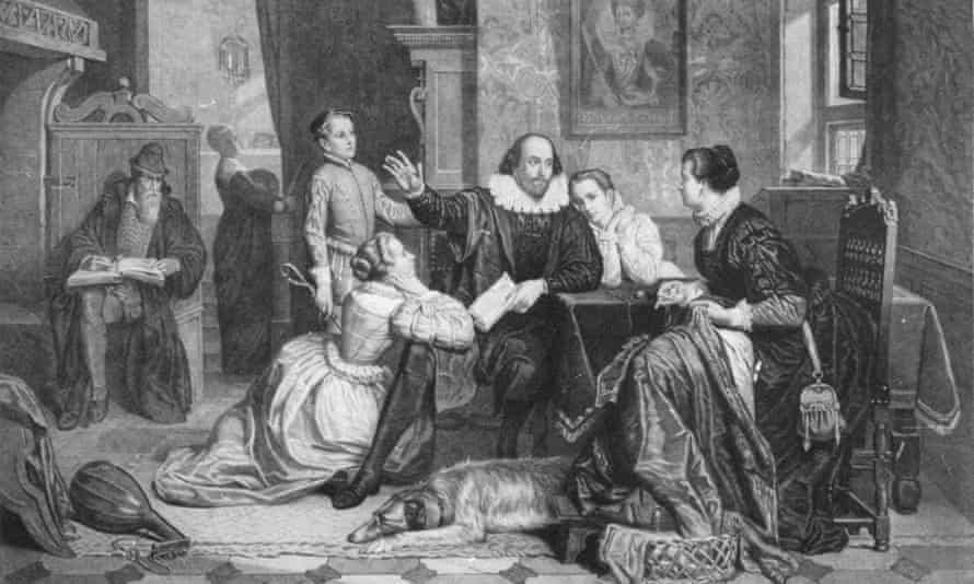 An illustration of William Shakespeare reciting Hamlet to his family. His wife, Anne Hathaway, is sitting in the chair on the right; his son Hamnet is behind him on the left; his two daughters Susanna and Judith are on the right and left of him.