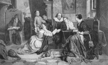 Illustration of William Shakespeare reciting his play Hamlet to his family. His wife, Anne Hathaway, is sitting in the chair on the right; his son Hamnet is behind him on the left; his two daughters Susanna and Judith are on the right and left of him. Circa 1890.
