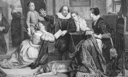 Susanna, kneeling, listens to a play reading by her father with other family members in an 1890 engraving.