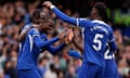 Chelsea's Nicolas Jackson celebrates scoring their fifth goal against West Ham with teammates.