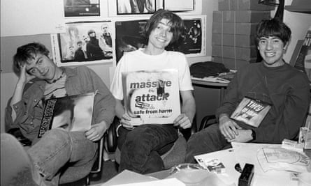 Blur’s Damon Albarn, Alex James and Graham Coxon review the singles in the NME offices, 1991.