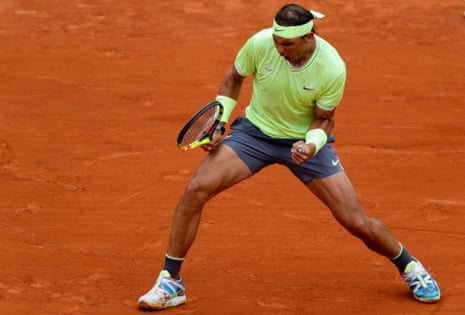 Rafael Nadal reacts after winning a point as he seals the third set 6-1.