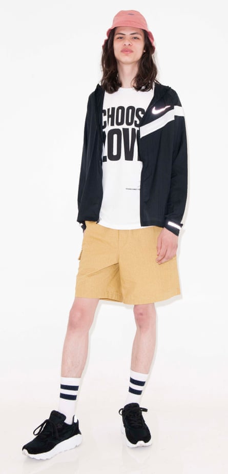 Wilf Hat, £65, by Battenwear, available from Mr Porter. Running jacket from a selection, by Nike. T-shirt, £19, by Katharine Hamnett for Help Refugees, from Asos. Shorts, £129, by Noah, from Dover Street Market. Trainers, £150, by Hi-Tec, from Slam Jam Socialism.