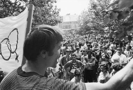 Robinson Speaks Before First Gay Pride March, 1969One month after the demonstrations and conflict at the Stonewall Inn, activist Marty Robinson speaks to a crowd of approximately 200 people before marching in the first mass rally in support of gay rights, New York, New York, July 27, 1969.