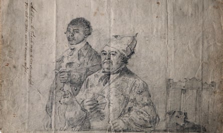 A sketch of a person of colour holding another man's pipe as he smokes it