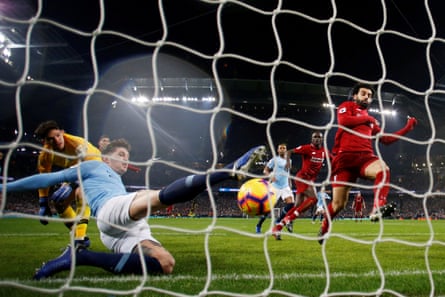 Manchester CityâÂÂs John Stones clears the ball off the line away from LiverpoolâÂÂs Mohamed Salah in January 2019