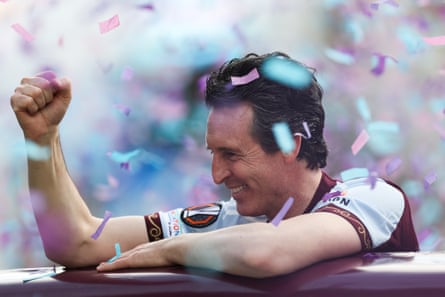 Unai Emery celebrates during the Aston Villa trophy parade