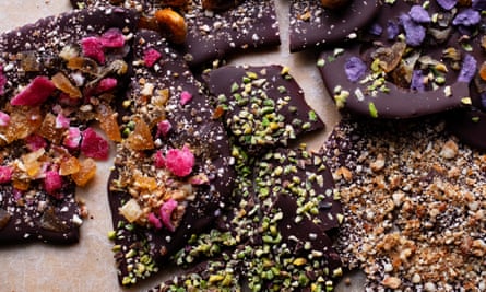 ‘Pour the chocolate over baking parchment and let it set into the thinnest possible sheet’: chocolate praline wafers.