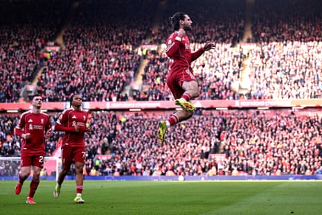 Dominik Szoboszlai of Liverpool celebrates scoring his team's first goal